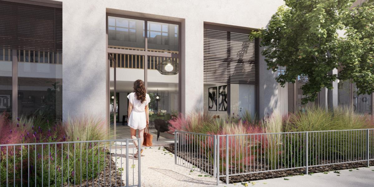 appartement neuf perspective entrée de la résidence ilot jardin à lyon